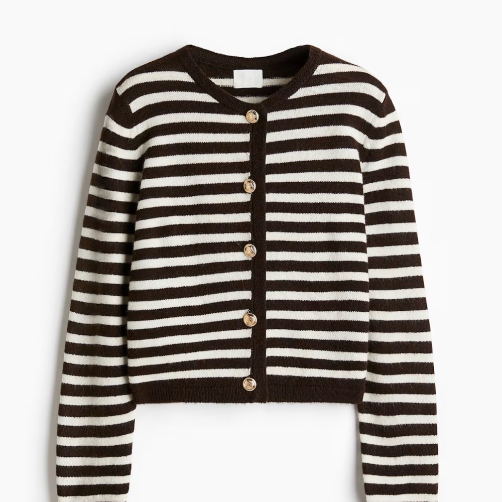 H&M Striped Knit Cardigan Brown & Cream Gold Button Cropped Size S 🤎